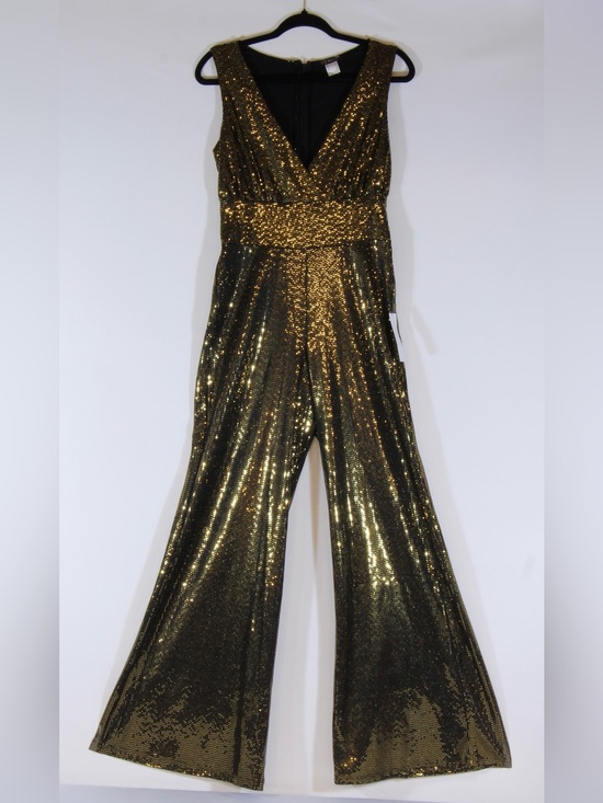 VENUS Pants - VENUS Gold Sequin Halter V‑Neck Wide‑Leg Jumpsuit NWT